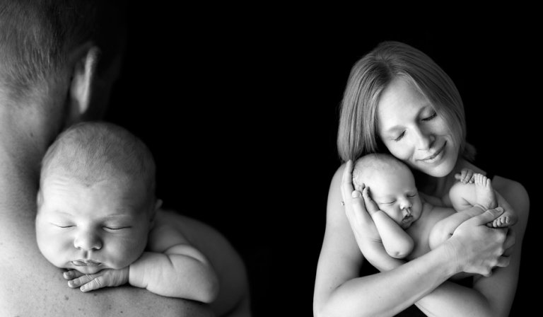 Bébé dans les bras de son père et de sa mère, contact qui contribue à modifier le cerveau des pères