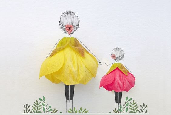 Illustration d'une maman qui tient la main à sa petite fille