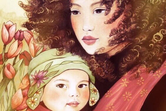 Illustration d'un bébé dans les bras de sa maman