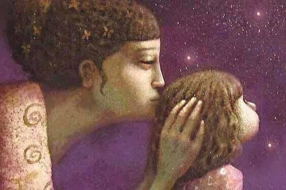 Illustration d'une maman qui embrasse sa petite fille, geste qui permet de communiquer avec son bébé