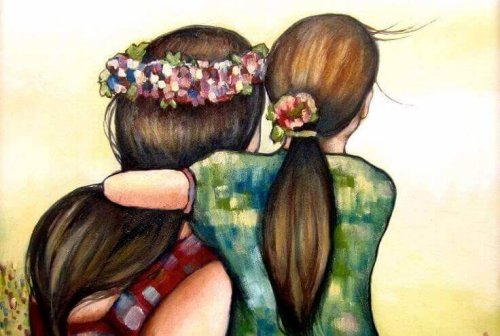 Illustration d'une petite fille entourant sa maman de ses bras 