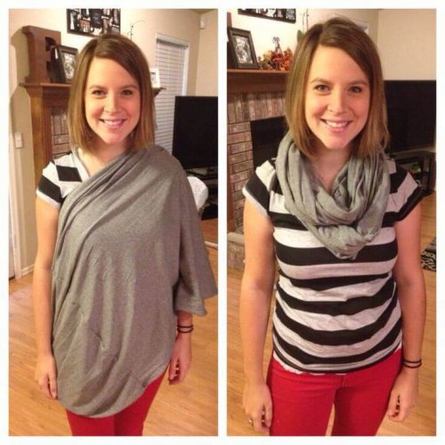 Une femme avec une écharpe spéciale pour contourner les désagréments de l'allaitement en public