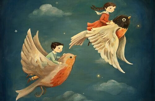 Illustration d'enfants volant sur le dos d'oiseaux