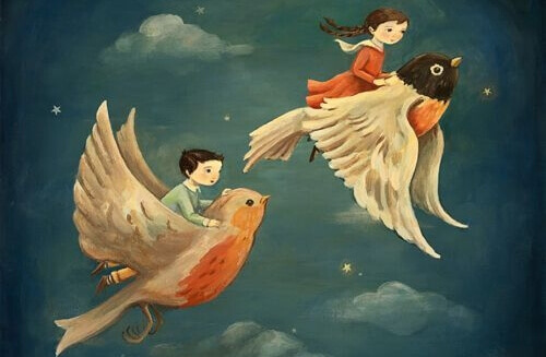 Illustration d'enfants volant sur le dos d'oiseaux 