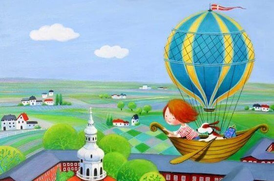 Illustration d'une enfant dans une montgolfière