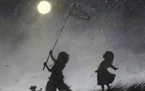 Des enfants heureux qui chassent la lune