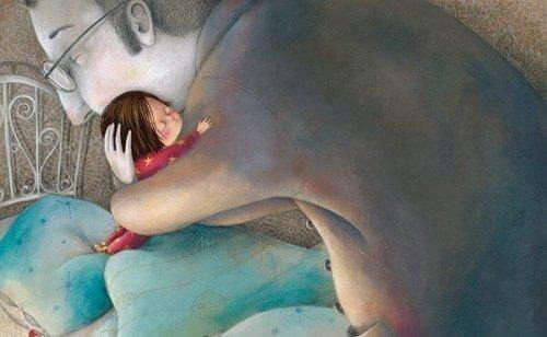 Un père fait un câlin à sa fille