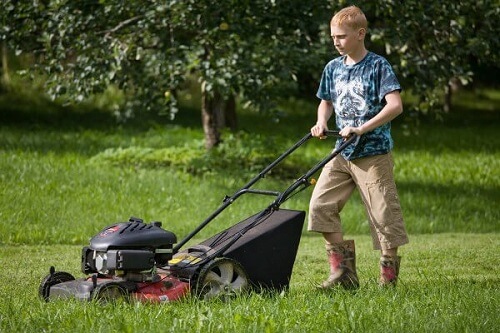 Adolescent qui tond la pelouse