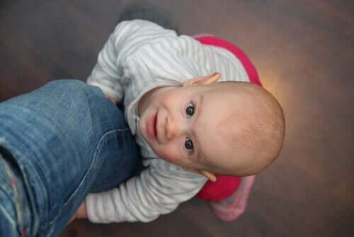 bébé accroché à la jambe d'un de ses parents