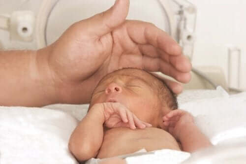 Un bébé prématuré avec une main d'adulte