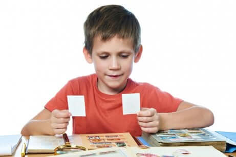 Un enfant collection des cartes et des autocollants