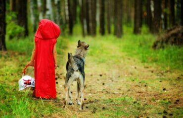 Le petit chaperon rouge et le loup dans la forêt.