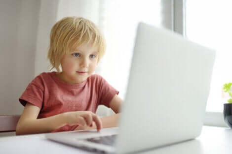 Un jeune enfant sur un ordinateur. 