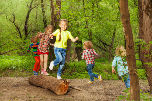 les petits enfants jouent dans la forêt heureux de ronfler à l'extérieur équilibrer le développement moteur