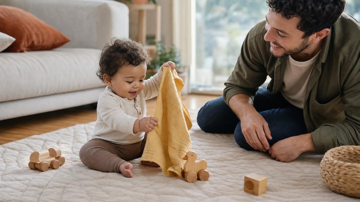Bébé soulève un tissu pour retrouver un jouet en bois sous le regard de son père