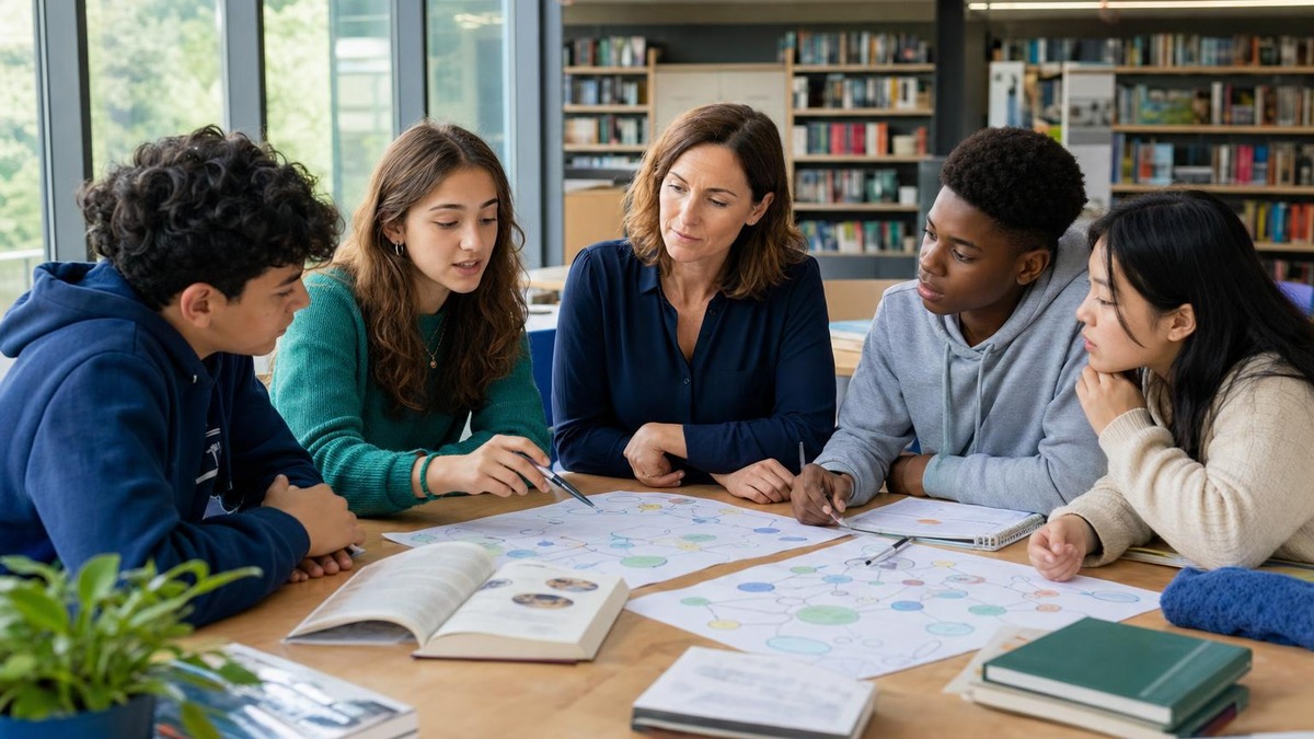 Enseignante et adolescents échangeant autour de cartes conceptuelles dans une bibliothèque